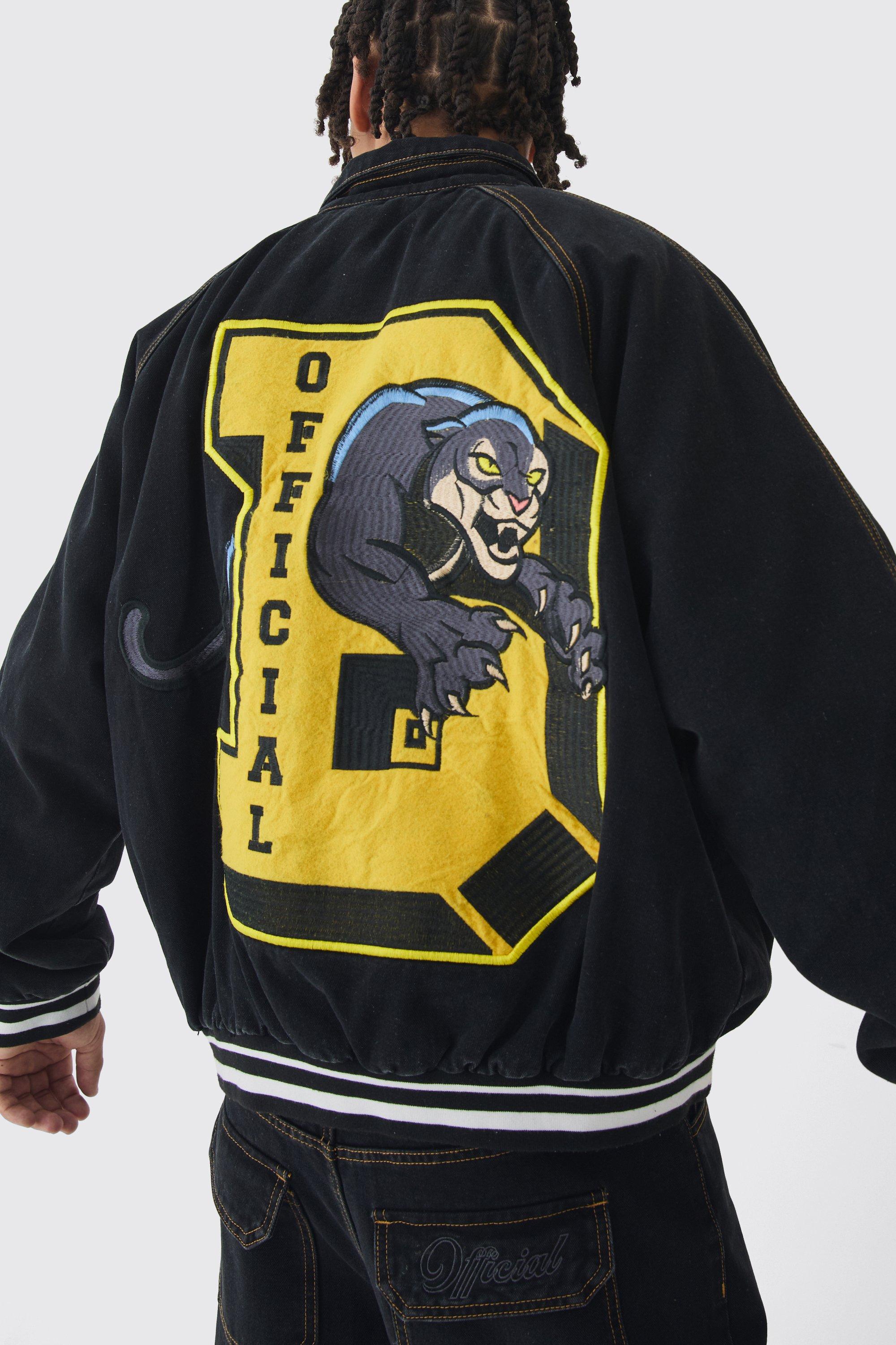Denim varsity bomber jacket deals
